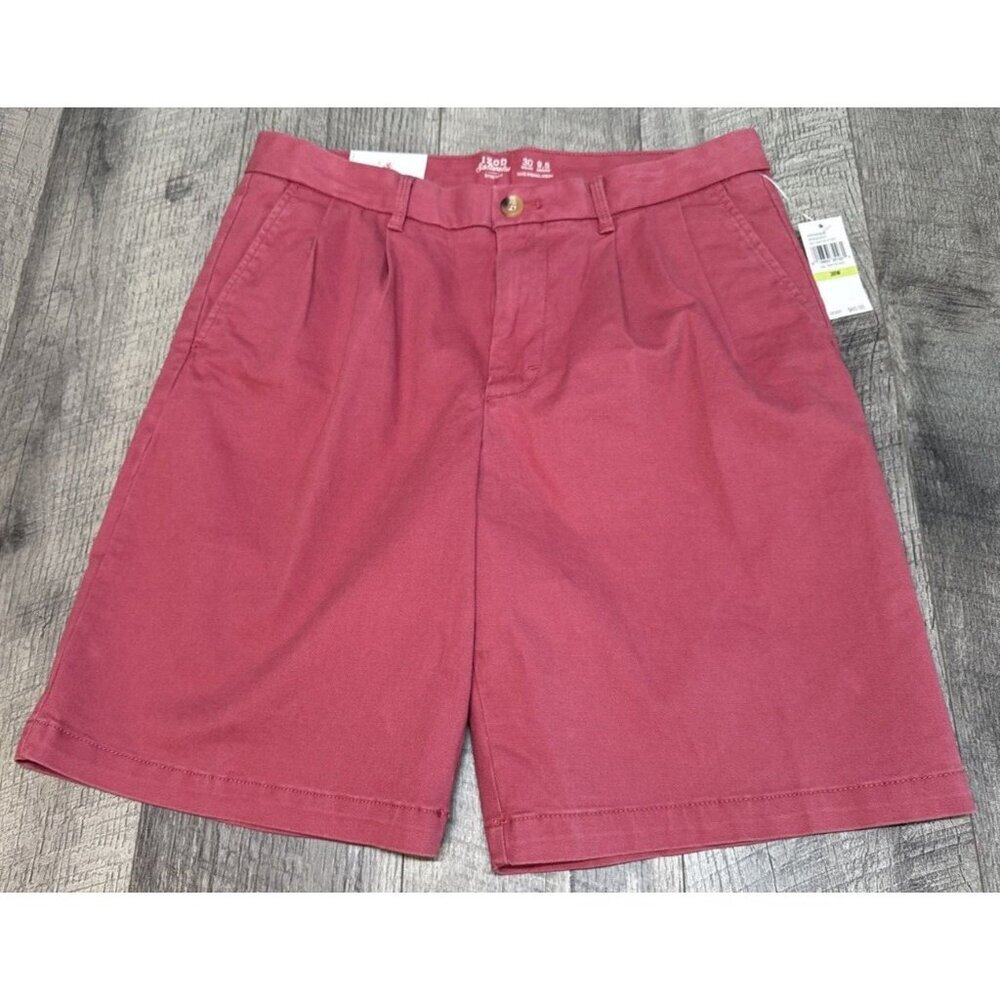 Izod Saltwater Shorts Mens 30 Red Relaxed Stretch Chino Pleated Casual 9.5" NEW